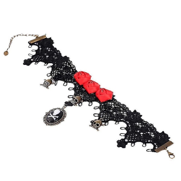 Handgjord Svart Spets Choker Halsband Kedja Skallar Huvud Halloween Fest