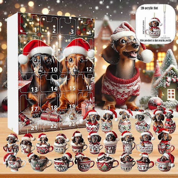 Adventskalender 2024 Kvinder 2024 Festival Ferie Adventskalender 24 Dages Jule Nedtællingskalender Dachshund Vedhæng Med Julemandshuer 2D Juletræ C