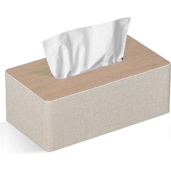 Vævæskeskrin, Rektangulær, PU Læder Ansigtsvæv, Dispenser Æskeholder til Kommode Badeværelse Dekoration (Beige)