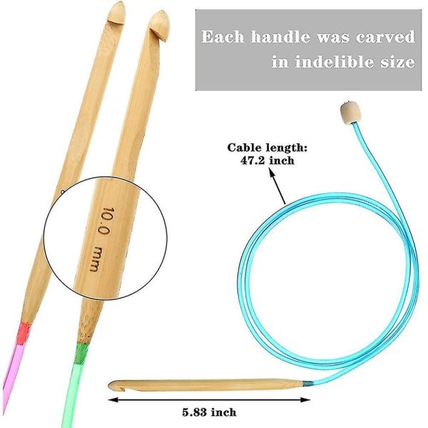 23 stykker tunesiske hæklenåle sæt 3-10 mm kabel bambus strikkepind med perle karboniseret bamb
