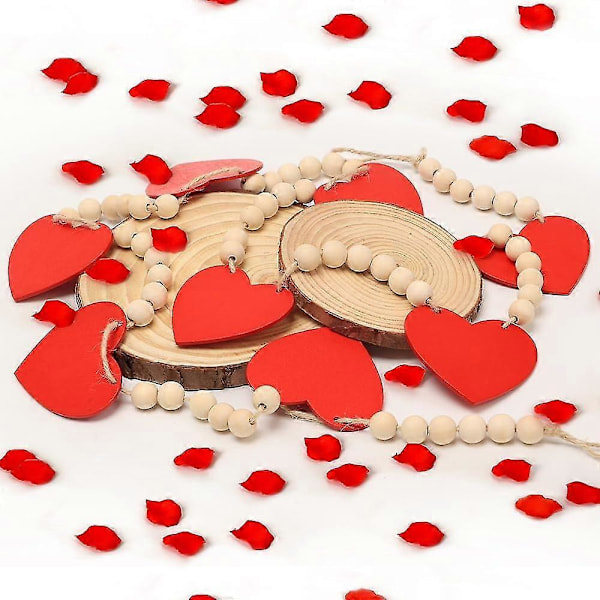 Valentinsdekoration, Röd Hjärtformad Trähängande Banner med Pärlor för Valentinsdekorationer, Valentinsdagsgirlang Träpärlorgirlang
