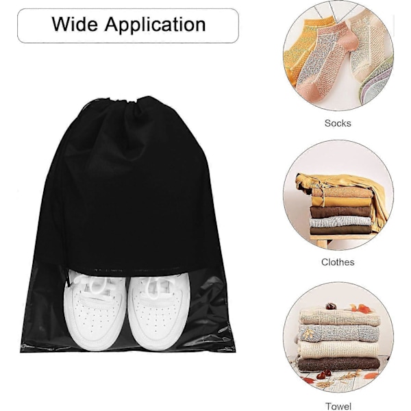 10 stk Reise Skopose Drawstring Ikke-vevd Sko Oppbevaringsposer med Transparent Vindu for Daglig og Reisebruk (Svart)