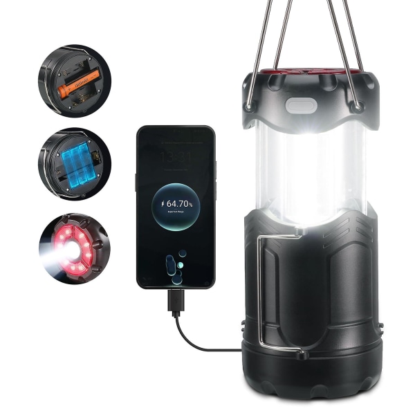 2-pakke sammenleggbar LED-campinglanterne, USB C oppladbar og batteridrevet 2-i-1 nødlys med lommelykt og magnetisk sokkel, strømbrudd