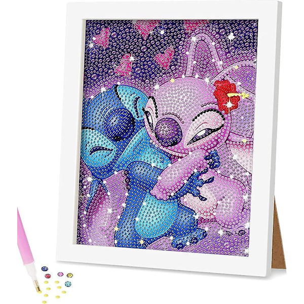 Timanttimaalaussetti lapsille kehyksellä Helppo pieni anime-timanttitaide aloittelijoille 5,9\"X7,8\" (Stitch ja Angel), Puukehyksellä