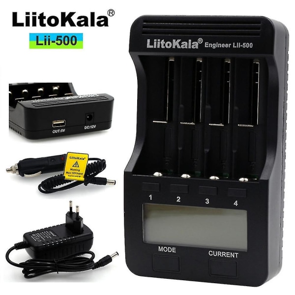 Liitokala Lii-500 4 Slots Smart Intelligent Batteriopladersæt Til 3,7v Li-ion 1,2v Ni-mh genopladeligt batteri LCD-skærm