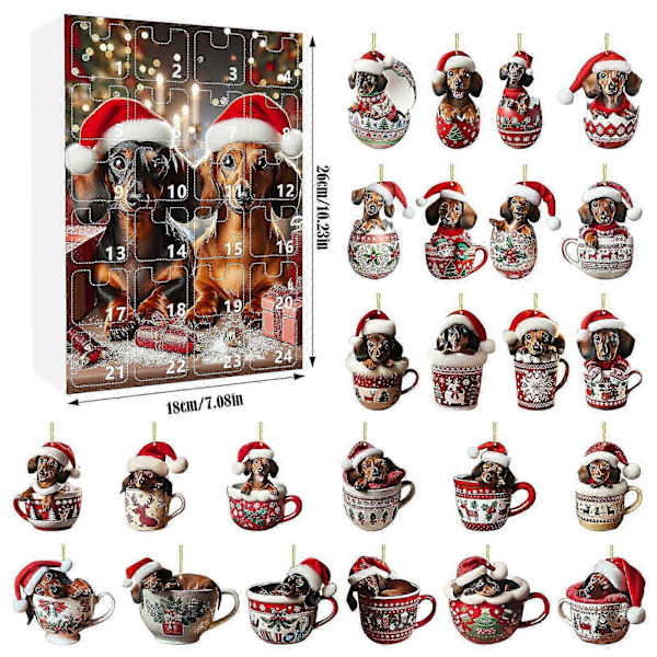 Adventskalender 2024 Kvinder 2024 Festival Ferie Adventskalender 24 Dages Jule Nedtællingskalender Dachshund Vedhæng Med Julemandshuer 2D Juletræ C