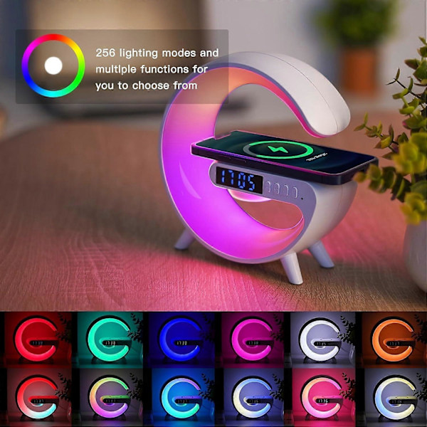 Smart skrivebordslampe, trådløs lader stemningslampe, G-formet LED trådløs skrivebordslampe Bluetooth-høyttaler, dimbar nattlys, nattbordslampe vekkerklokke (USB