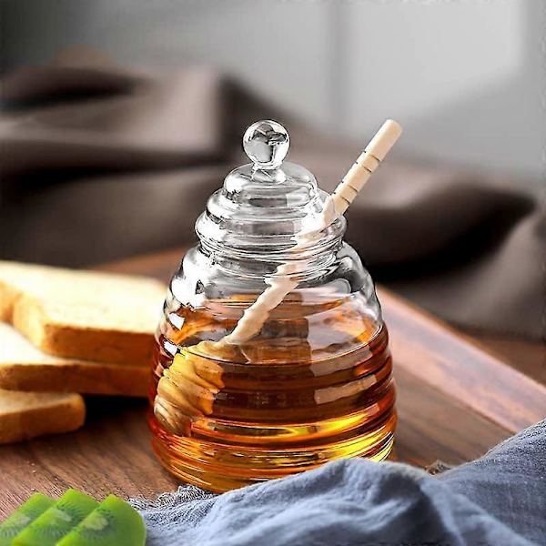 500Ml / 6.9 Oz Honningkrukke med Dippepinde, Glas Honningkrukke og Dippepinde Sæt, Honningdispenser, Bikube Honningkrukke til Opbevaring af Honning og Sirup