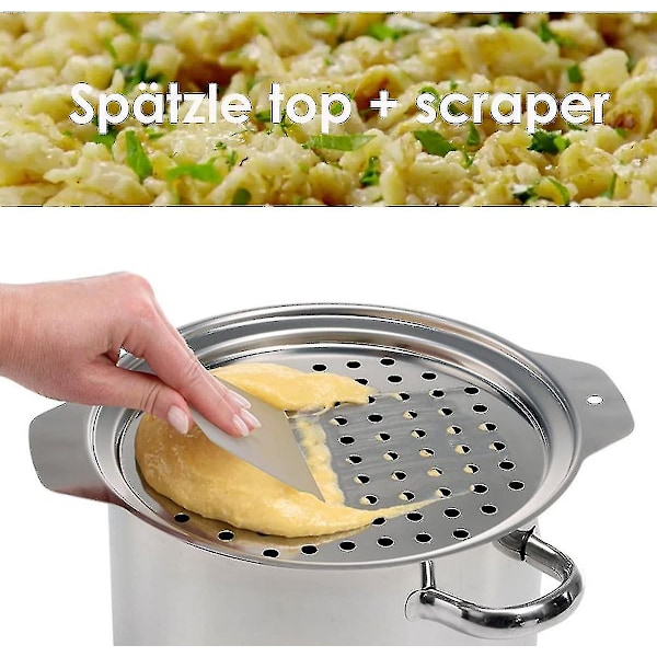 Spaetzle-tillverkare i rostfritt stål med skrapa, traditionell tysk äggヌードル-tillverkare, kastrull, spaghettisil