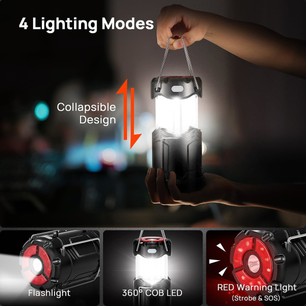 2-pakke sammenleggbar LED-campinglanterne, USB C oppladbar og batteridrevet 2-i-1 nødlys med lommelykt og magnetisk sokkel, strømbrudd
