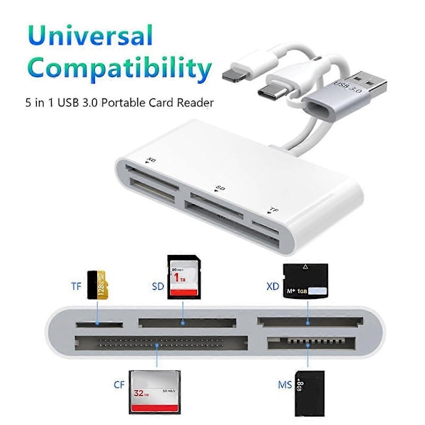 5-i-1 Minneskortläsare Typ C USB A till SD/TF//MS/XD USB OTG Adapter, Multi Minneskortläsare