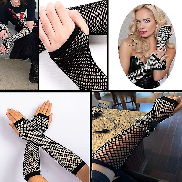 Fishnet-handskar, svarta Fishnet långa handskar festtillbehör svart nylon fingerlösa