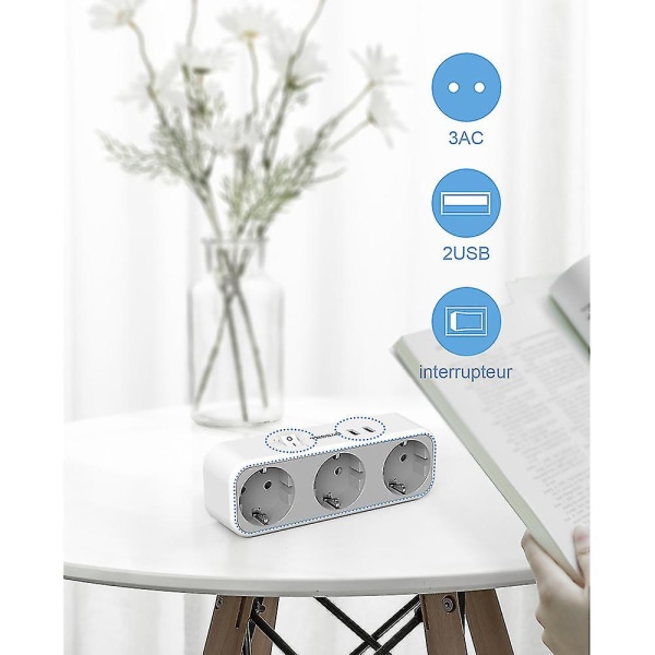 Europeisk reseadapter med 2 USB-portar och strömbrytare - Flera pluggar för uttag och USB-adapter 3 uttag för uttag, väggmonterad uttagsadapter