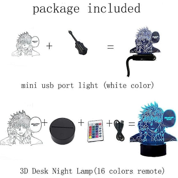 SBSG Satoru Gojo 3D Illusionslampe Jujutsu Kaisen LED Anime Lampe 16 Fargeendringer RGB Fjernkontroll Skrivebord Nattelys for Soverom (Satoru Gojo)