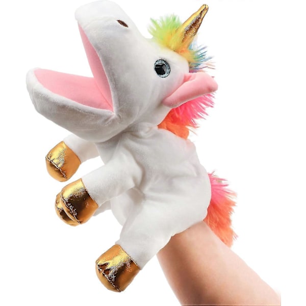 Plush Unicorn Handdocka med Öppen Rörlig Mun för Fantasifull Lek, Rollspel, Interaktiv Leksak för Berättande, Dockteater, Födelsedag