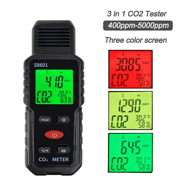 3 i 1 CO2-måler Luftkvalitetsmonitor Håndholdt 5000Ppm CO2-monitor Måling Kuldioxid / Detektor S8601