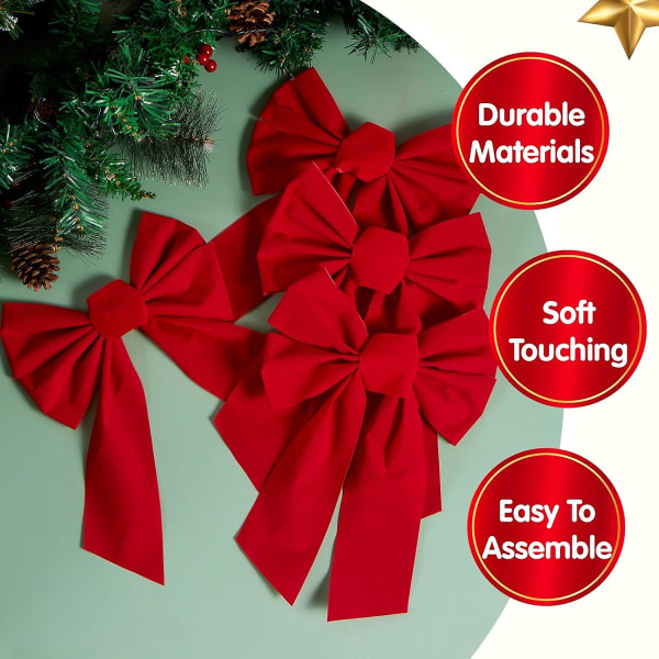 12 pakke julesløjfer i rød fløjl, 16" lange og 9" brede dekorative julesløjfer til kranskrans