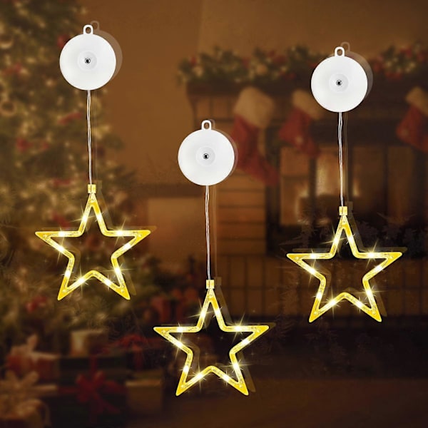 LED-stjärnor juldekoration, 3-pack, 10 LED-juldekorationer inuti med timer, varmvita stjärnformade ljusslingor för fönsterdekoration, jul