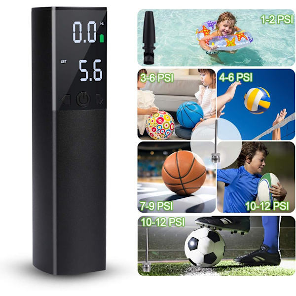 Elektrisk boldpumpe med LED digital display, batteridrevet, egnet til fodbold, basketball, volleyball, rugby, ballon og svømmebøjle