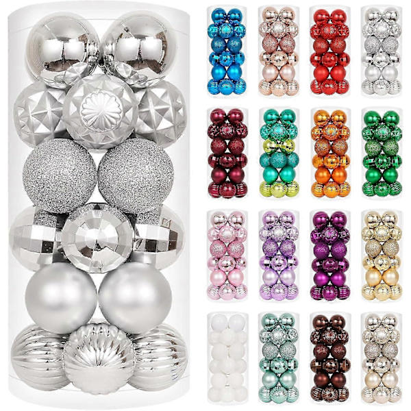 24 stycken julgranskulor i plast, oförstörbara juldekorationer, set med julgranskulor (silver)