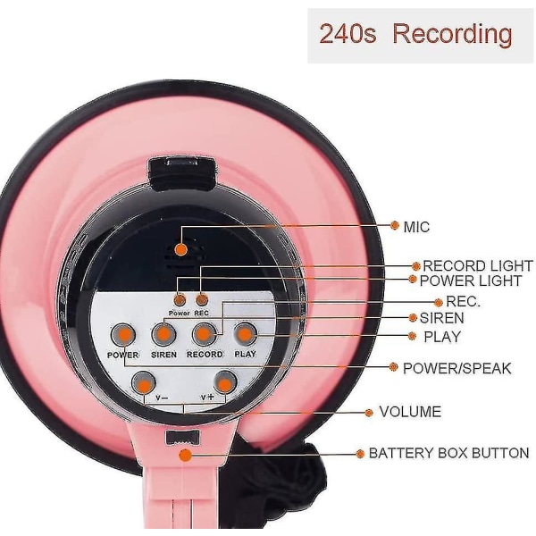 Kannettava megafoni Bullhorn 25 watin power megafonikaiutin Ääni- ja sireeni-/hälytystilat (vaaleanpunainen)