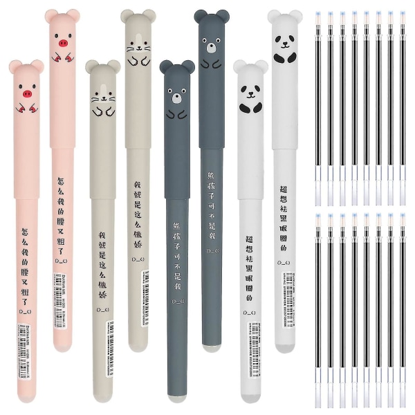 8st Rollerball-raderbara pennor, tecknade djurpennor raderbara svart bläckgelpennor med 16st raderbara