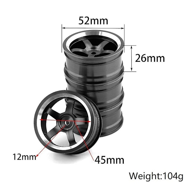 4kpl 1/10 Rc On-road auto 52mm metallivanne pyörän napa Sakuraan, vaaleansininen