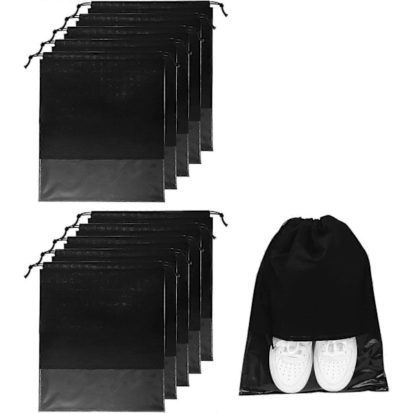 10 stk Reise Skopose Drawstring Ikke-vevd Sko Oppbevaringsposer med Transparent Vindu for Daglig og Reisebruk (Svart)