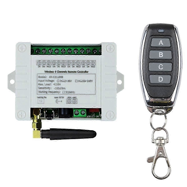 DC 12V 24V 36V 10A 433MHz 4-kanals trådlös relä RF fjärrkontrollbrytare mottagare + 4CH sändare, 1 mottagare 1 fjärrkontroll