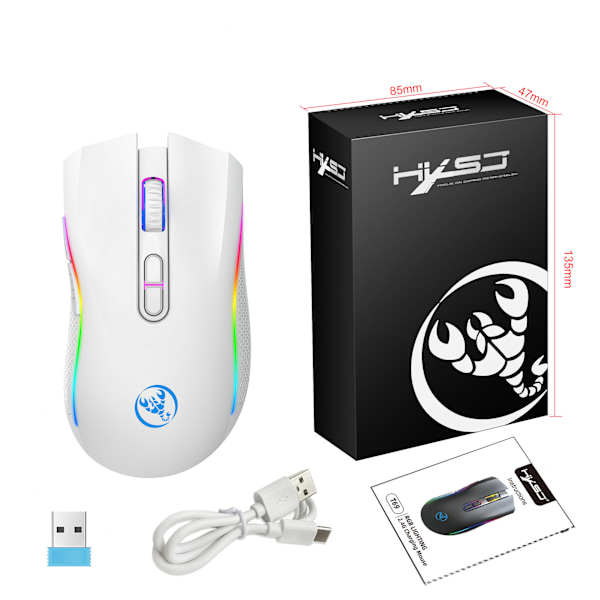 T69 2,4 GHz Trådlös RGB-mus 7 knappar Ergonomisk Lättvikts Typ-C Laddningsbar Universal Trådlös Datorspelmus PC-tillbehör, vit