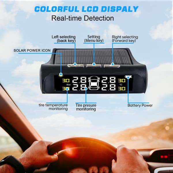 T1 Bil TPMS Däcktrycksövervakningssystem Solcellsdriven Trådlös Extern Trycksensor Realtids Däcktemperatur Tryckmonitor Display