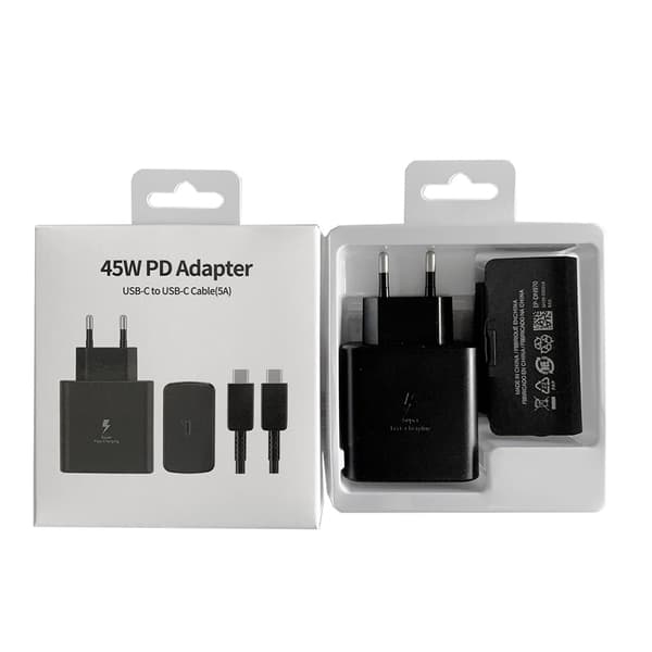 45W PD dobbel Type-C superrask laderkit, EU-plugg svart lader + kabel for Samsung S22 S21 S20 Note10 3pcs