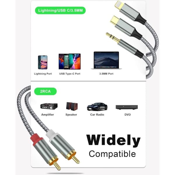 Lightning til RCA Auxiliary Audioadapter, RCA til 3,5 mm kabel, USB C til 2 RCA lydkabel (3-i-1 lydkabel) til bil osv. (2,3 m)