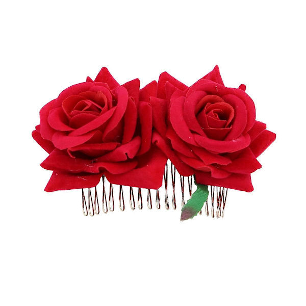Hårkam med roseblomst, blomstrete hårtilbehør, hodeplagg for kvinner, jenter, bryllup (Rød)