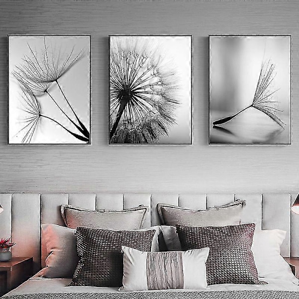 Svart och vit maskros canvas-tryck set om 3 tryck (oramerade)