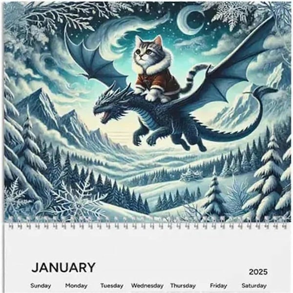 Fantasy - Katt Drake - Kalender 2025 Väggkalender för Hemmakontor