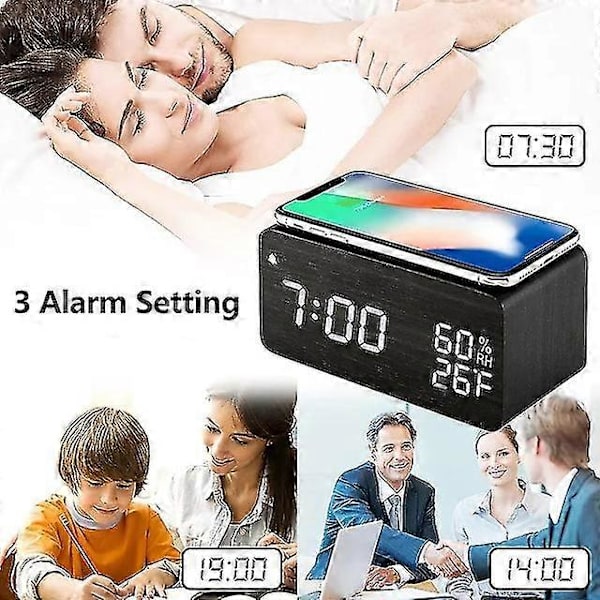 Trä Digital Väckarklocka Med Trådlös Laddning 3 Väckarklocka Led-displayer Ljudstyrning Och Snooze För Sovrum Kontor