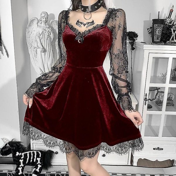 Sort gotisk kjole aftenkjole til kvinder Elegant blonde kors vedhængskjoler cocktailkjole festkjole, rød