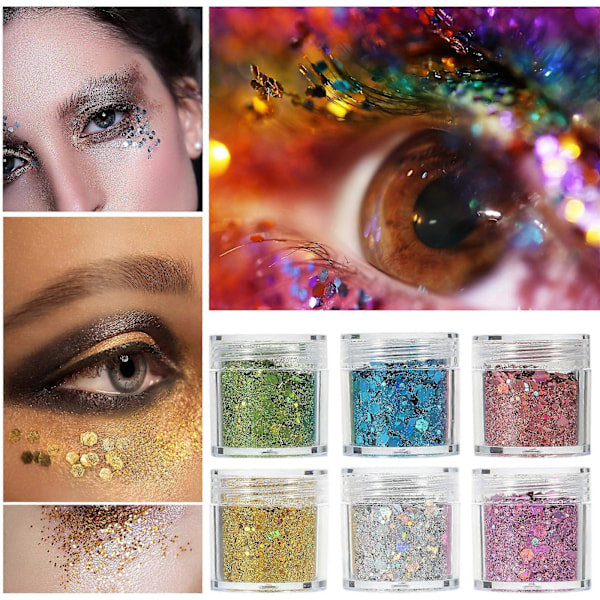 6 st Glitter Paljetter Nagelglitter Chunky Paljetter Flakes Ultratunna Tips Färgglada Blandade Pailletter För Ansikte Kropp Hår Nagelkonst