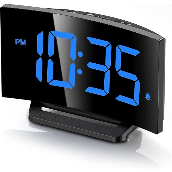 Digitalt vækkeur til soveværelset, digitalt ur med moderne buet design, iøjnefaldende blå LED-tal, 5 niveauer lysstyrke+slukket, 2 lydstyrke, 3 alarmton