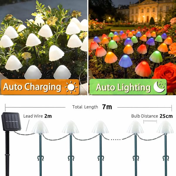 Solcellehavelys 5M 20 LED Svampe Solcellelamper Udendørs Have, Vandtæt Paddehatte Stiklys
