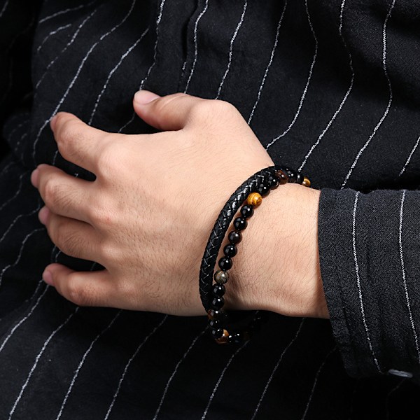 Nytt vulkaniskt tigeröga pärlarmband av natursten för män, armband av kohudsläder, handsmycke