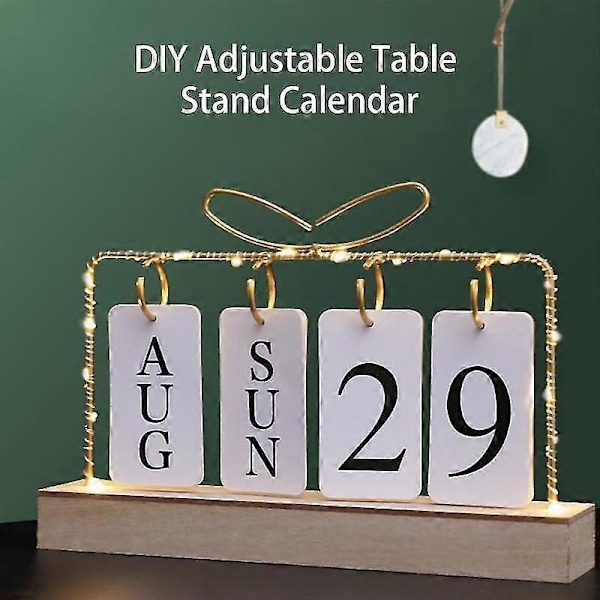 Metalramme LED Lys Dekor Hjerteformet Bordkalender Træbase Flip Evighedskalender
