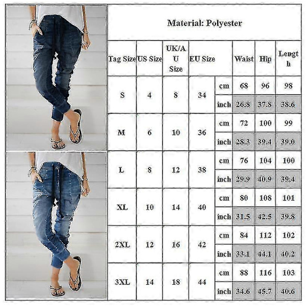 Dam Elastiska Midja Släpp Krok Jeans Harem Byxor Snörning Denim Långa Byxor
