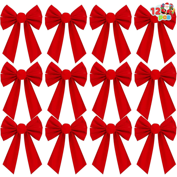 12 pakke julesløjfer i rød fløjl, 16" lange og 9" brede dekorative julesløjfer til kranskrans