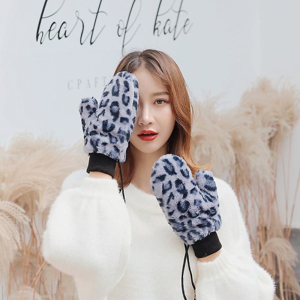 Vinter handsker med leopardtryk til kvinder Plys varm kold og vindtæt polstret fortykkede indpakkede fingre hængende hals