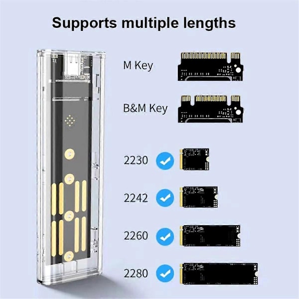 Bærbar SSD Mobil Harddiskboks Transparent M.2 SSD Boks NVME PCIe M2 Harddiskveske 10Gbps SATA Cl