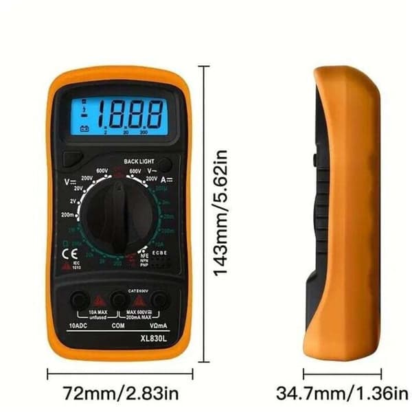 XL830L Digitalt Multimeter, 2000 Tællinger, Måler AC/DC Spænding, Strøm, Modstand, Baggrundsbelyst LCD-display, Diode- og Transistortester