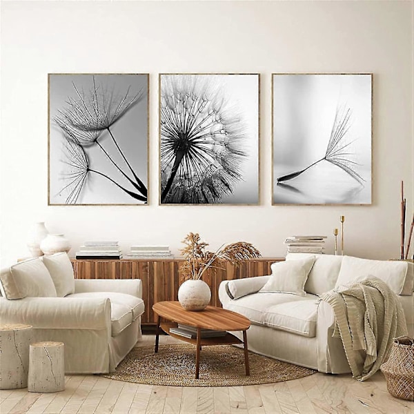 Svart och vit maskros canvas-tryck set om 3 tryck (oramerade)