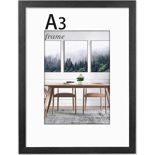 A3 Billedramme, A3 Ramme med Plexiglas og Passepartout, Billedrammer til kun vægmontering, Massivt Træ, Sort, Pakke med 1